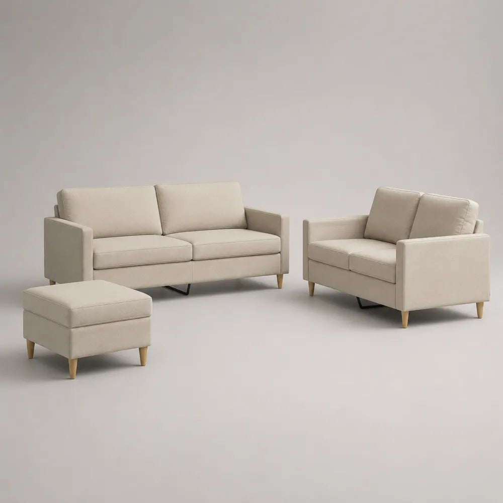 Ensemble canapé 3 places 2 places et pouf en polyester beige avec pieds en bois