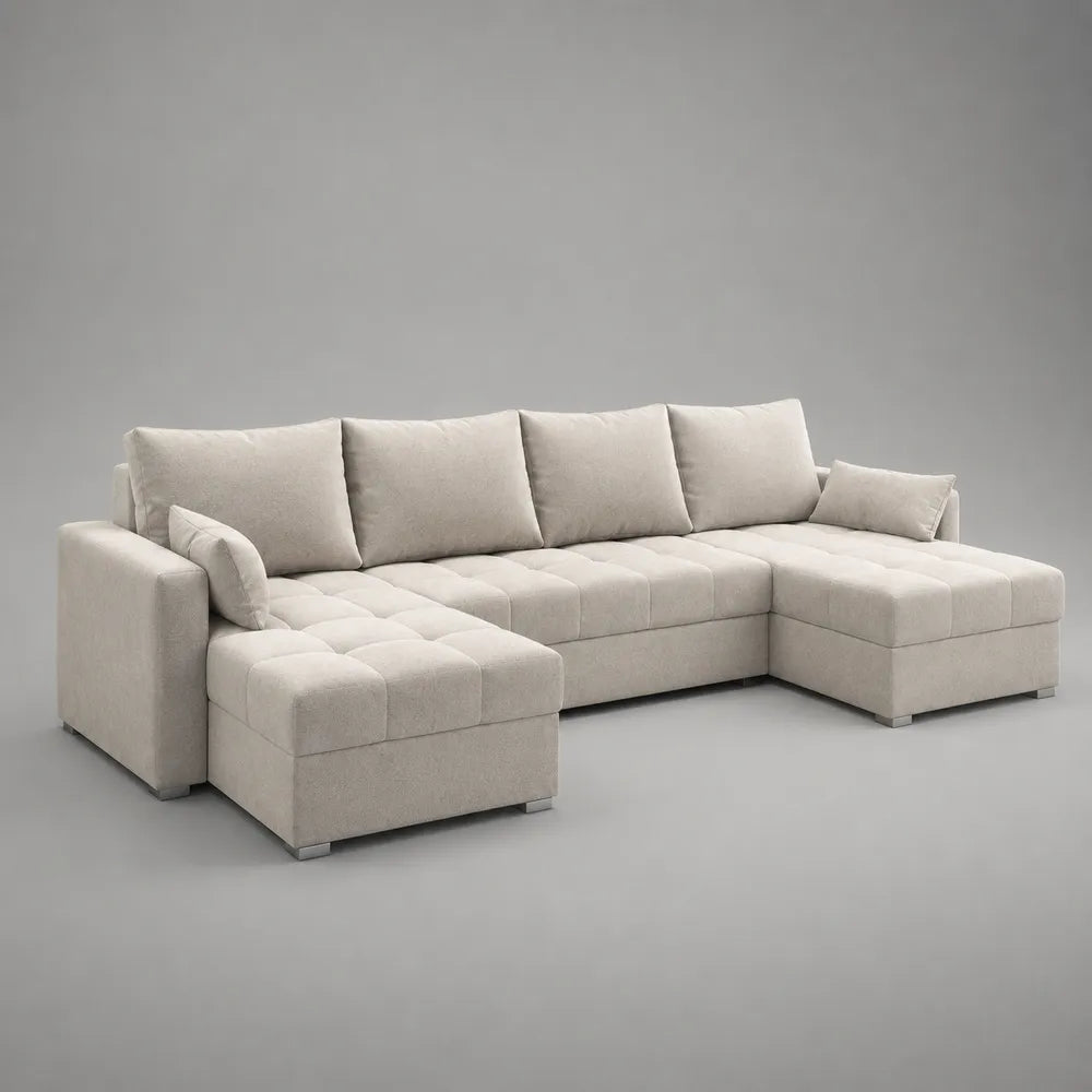 Canapé d'angle 5 places en tissu polyester beige avec méridienne et structure rembourrée en L 300 x 200 x 85 cm