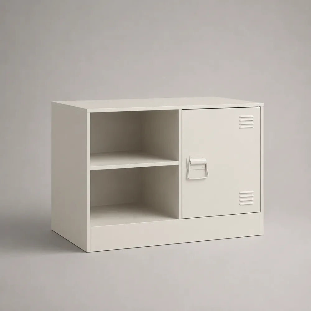 Meuble TV bas 120 x 40 x 60 cm en MDF blanc avec porte et niches de rangement forme rectangulaire