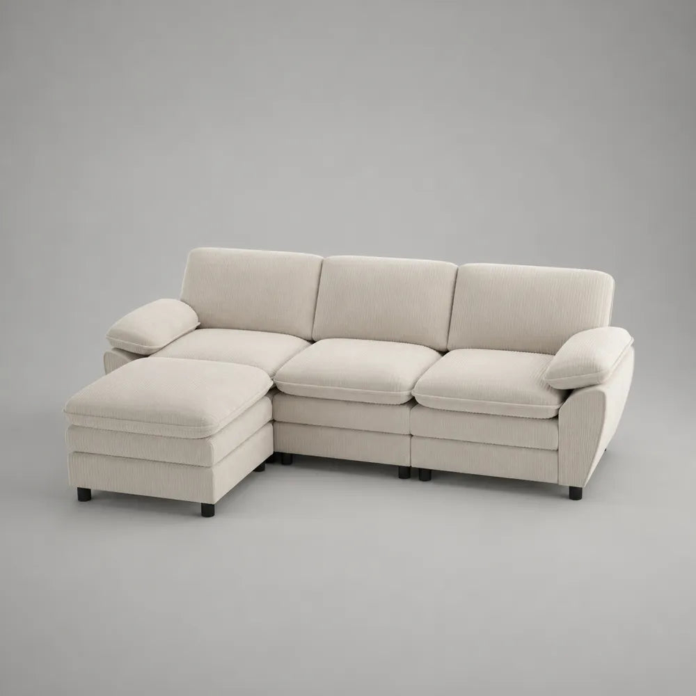 Canapé d'angle 5 places en tissu polyester beige avec méridienne et structure rembourrée en forme de L 280 x 180 x 85 cm