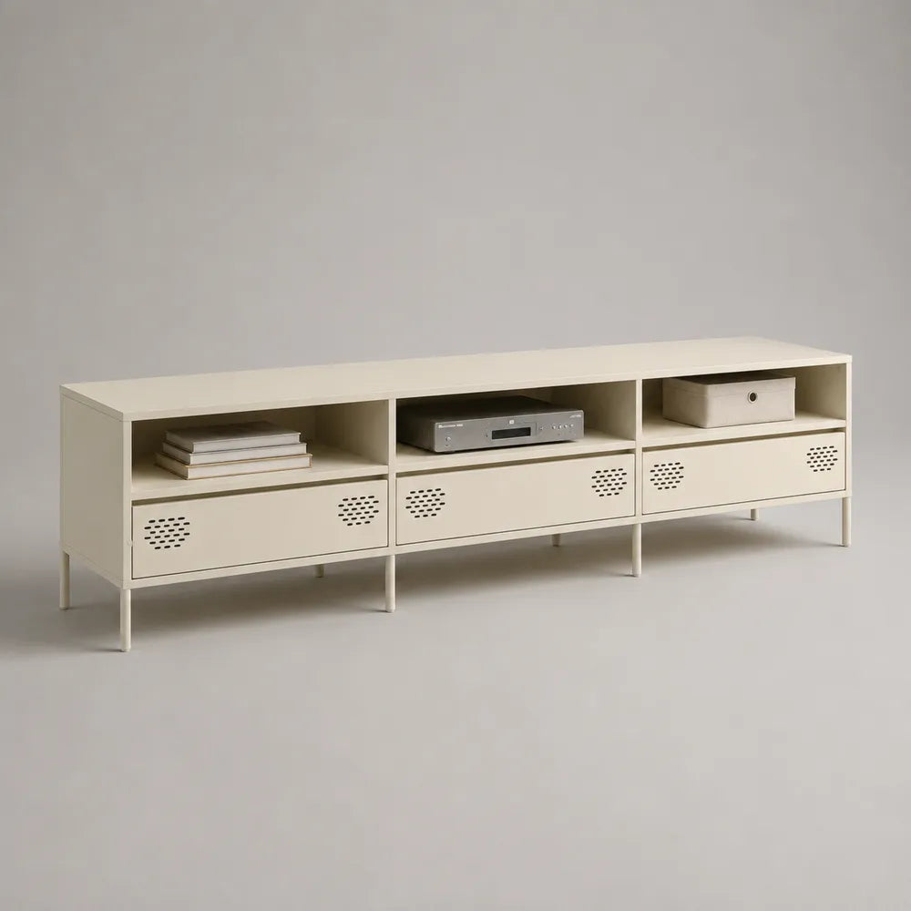 Meuble TV bas 180 x 40 x 45 cm en MDF blanc avec trois tiroirs et niches ouvertes forme rectangulaire