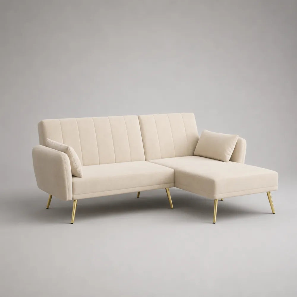 Canapé d'angle convertible 3 places en tissu polyester beige avec méridienne et pieds en acier doré 240 x 150 x 85 cm