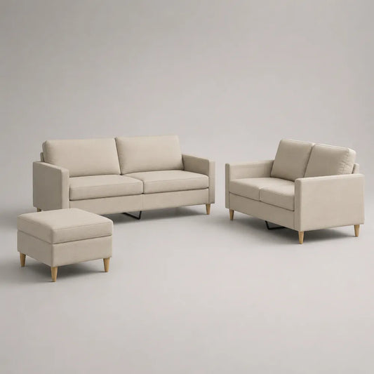 Ensemble canapé 3 places 2 places et pouf en polyester beige avec pieds en bois