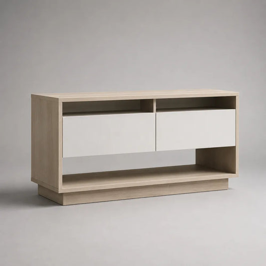 Meuble TV rectangulaire 160x40x55 cm en MDF effet chêne clair blanc avec portes et niches