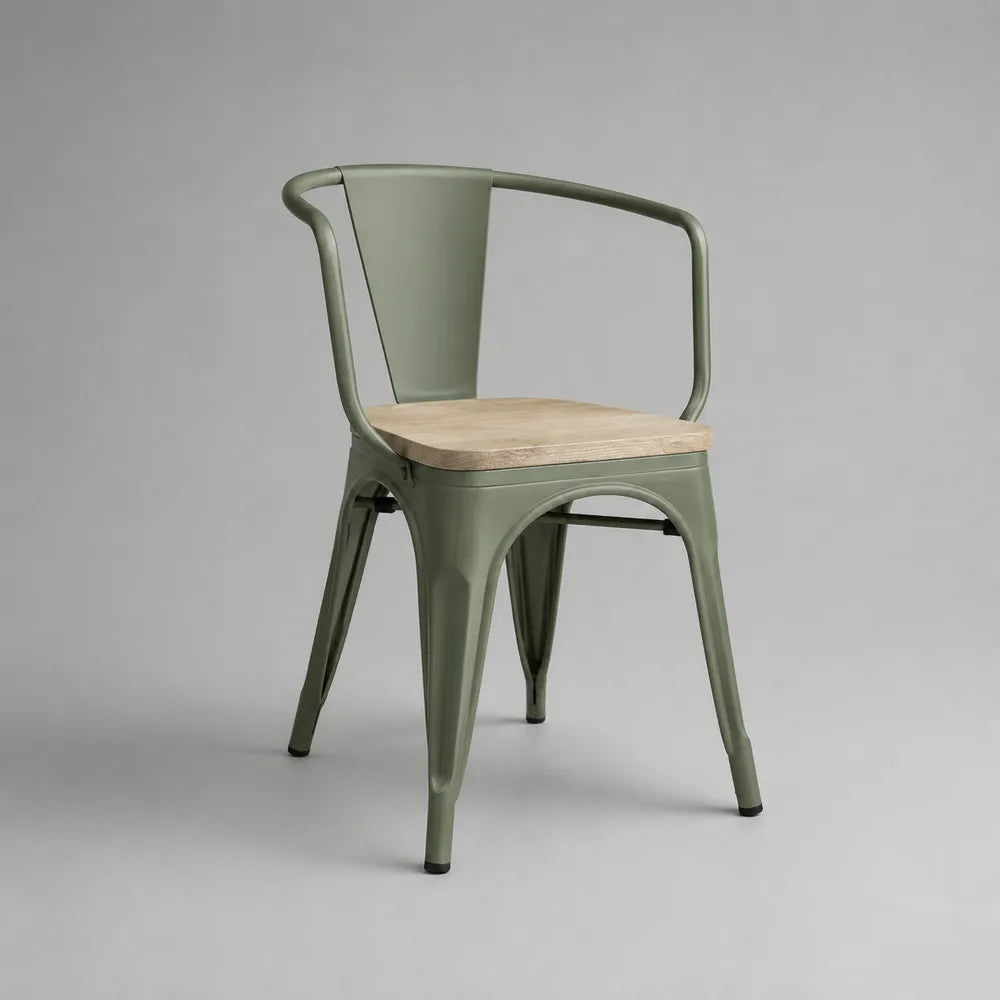 Chaise de salle à manger avec accoudoirs 58 x 55 x 78 cm en acier vert avec assise en bois naturel