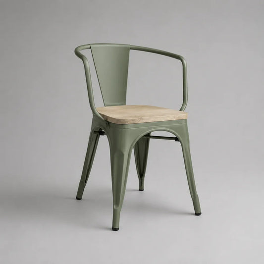 Chaise de salle à manger avec accoudoirs 58 x 55 x 78 cm en acier vert avec assise en bois naturel