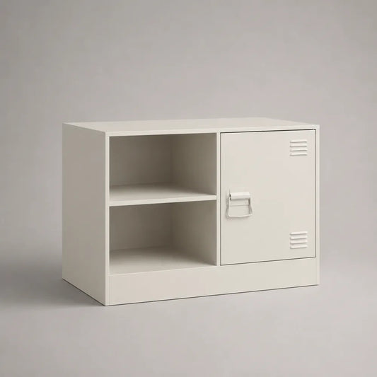 Meuble TV bas 120 x 40 x 60 cm en MDF blanc avec porte et niches de rangement forme rectangulaire