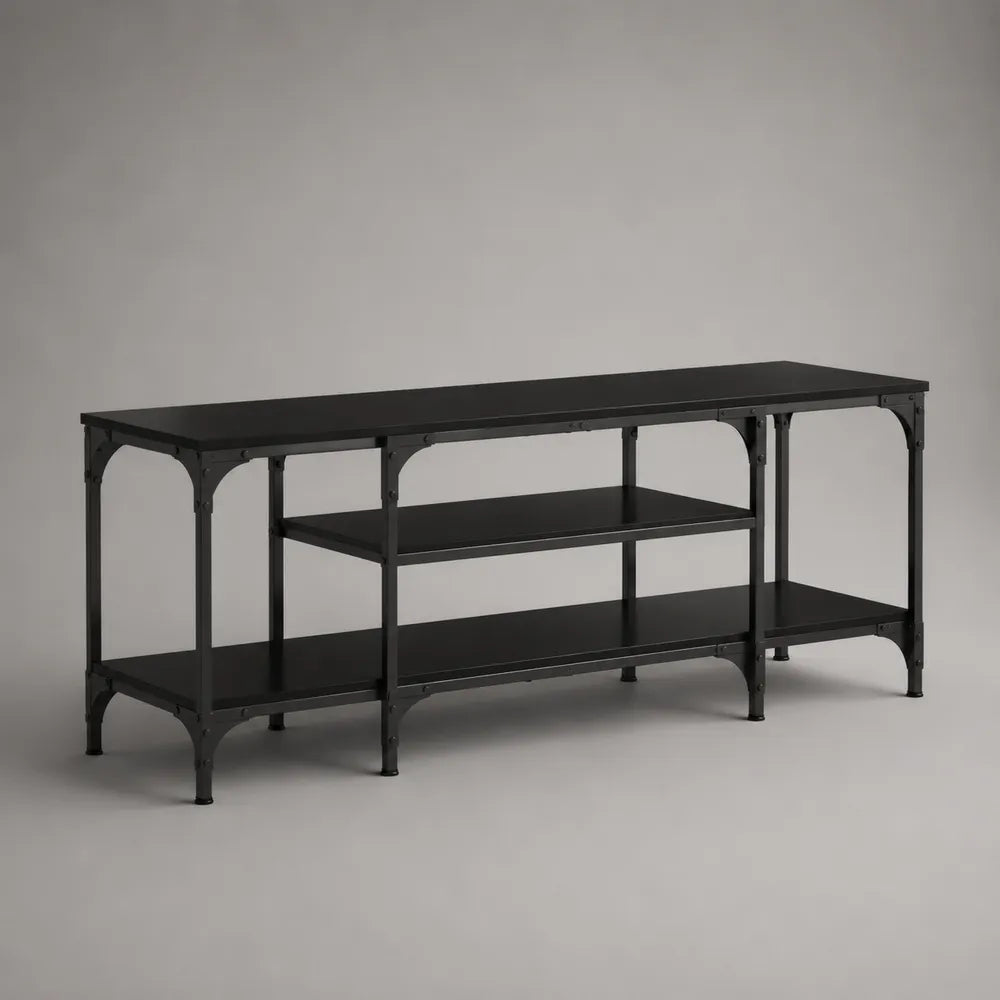 Meuble TV industriel en acier noir avec étagères ouvertes et plateaux MDF 180 x 40 x 55 cm