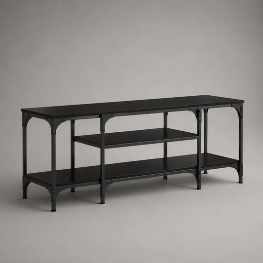 Meuble TV industriel en acier noir avec étagères ouvertes et plateaux MDF 180 x 40 x 55 cm