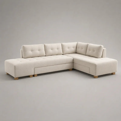 Canapé d'angle avec méridienne 300 x 220 x 85 cm 5 places en tissu polyester beige forme en L