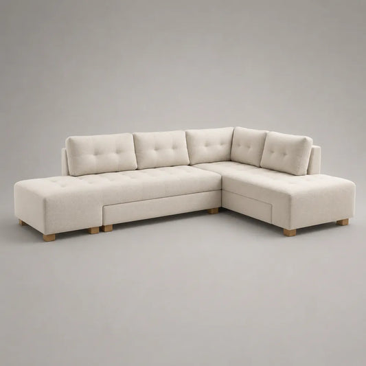 Canapé d'angle avec méridienne 300 x 220 x 85 cm 5 places en tissu polyester beige forme en L