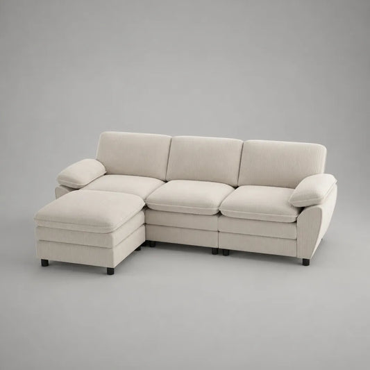 Canapé d'angle 5 places en tissu polyester beige avec méridienne et structure rembourrée en forme de L 280 x 180 x 85 cm