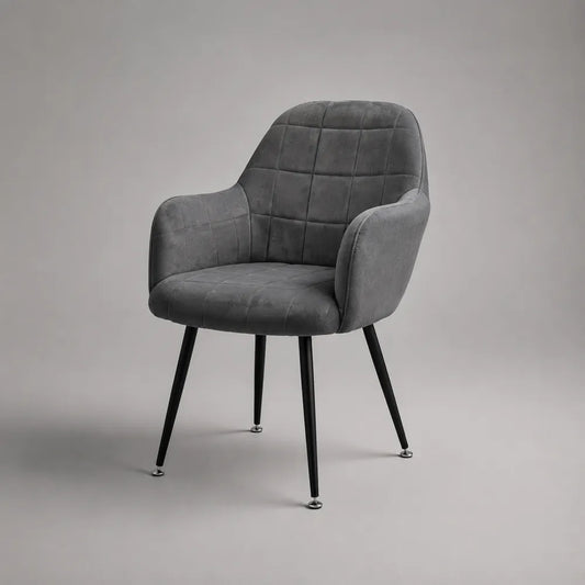 Fauteuil de salle à manger rembourré en tissu gris avec accoudoirs et pieds en acier noir 62 x 65 x 82 cm