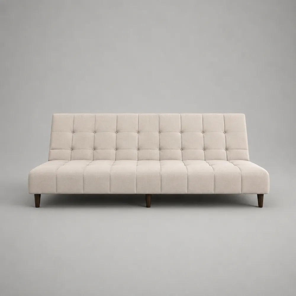 Canapé convertible 3 places 200 x 90 x 85 cm en tissu polyester beige avec dossier inclinable forme rectangulaire et pieds en bois