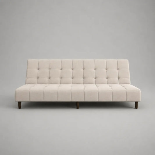 Canapé convertible 3 places 200 x 90 x 85 cm en tissu polyester beige avec dossier inclinable forme rectangulaire et pieds en bois