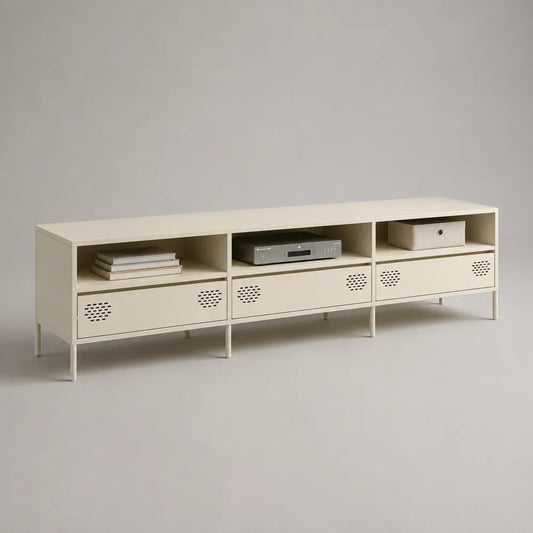 Meuble TV bas 180 x 40 x 45 cm en MDF blanc avec trois tiroirs et niches ouvertes forme rectangulaire