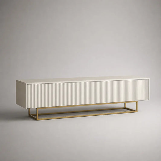 Meuble TV bas en MDF blanc avec porte rainurée et structure en acier doré 200 x 40 x 45 cm